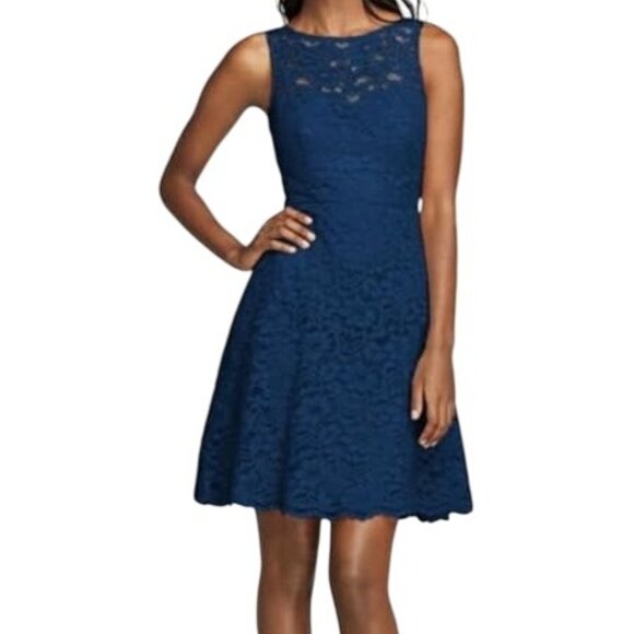 Davids Bridal Womens Short Sleeveless Illusion Lace Dress Size 12 Navy Blue Form - Picture 1 of 10